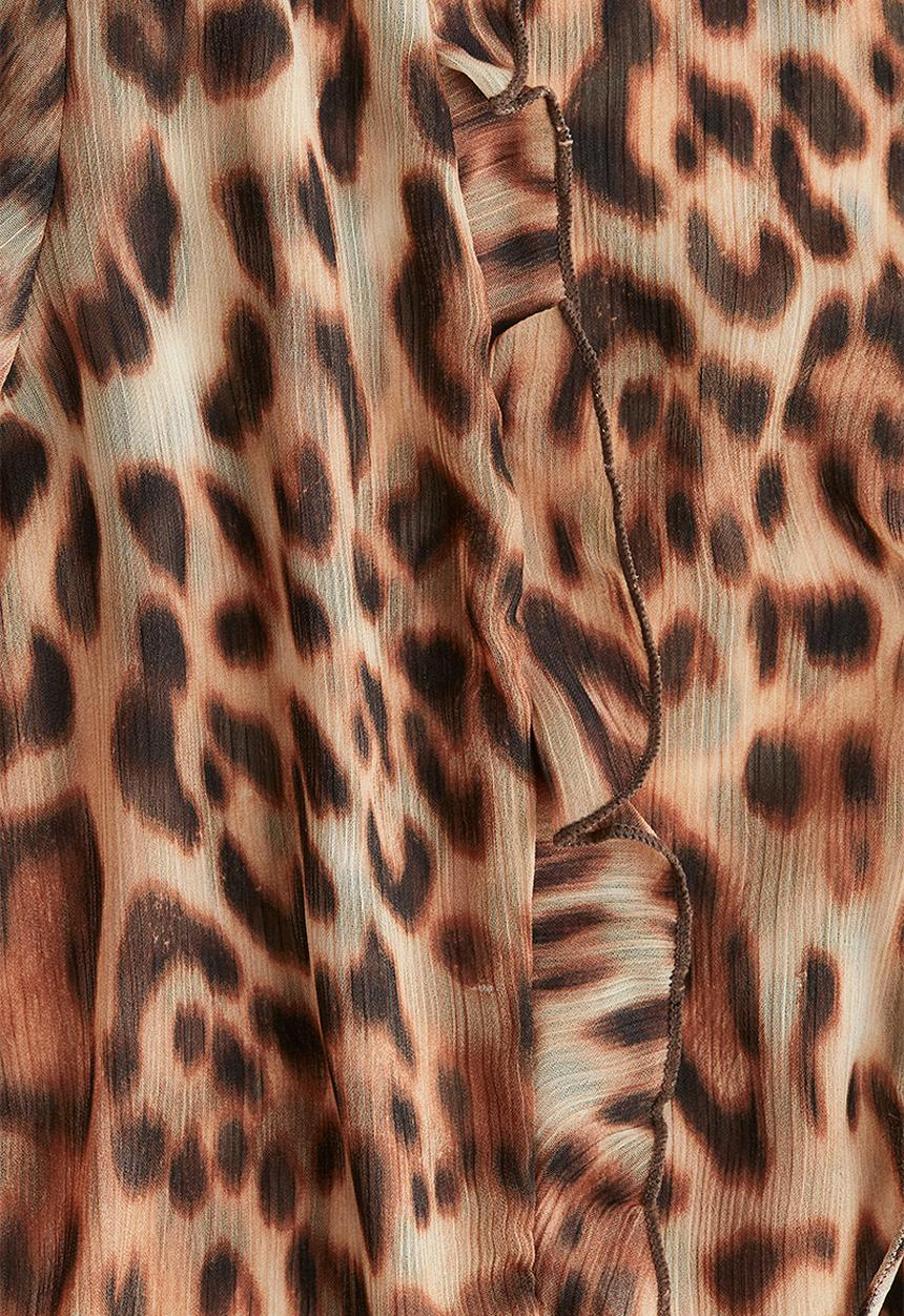 H&M - Tie-detail chiffon blouse - light beige/leopard print