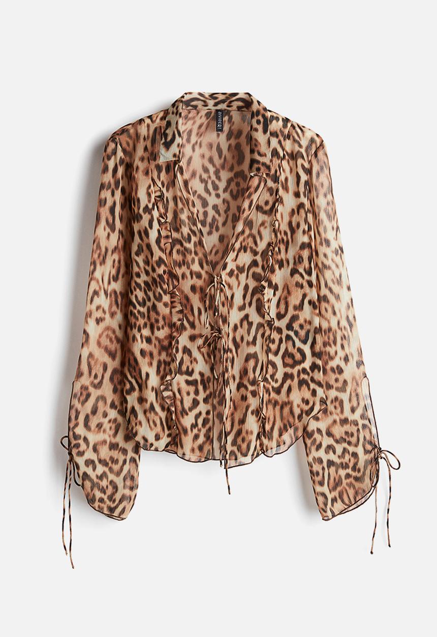 H&M - Tie-detail chiffon blouse - light beige/leopard print