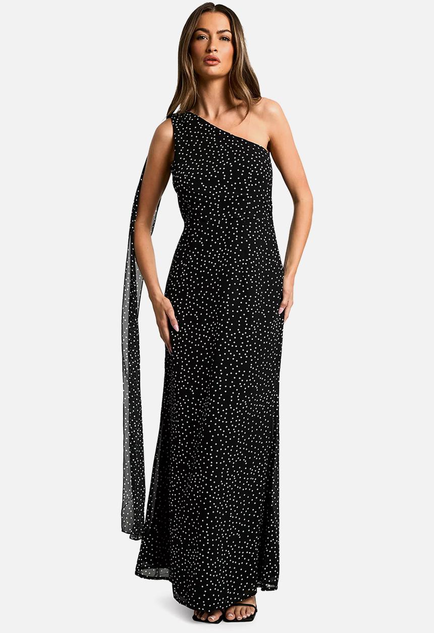 boohoo - Polka Dot Chiffon Drape Maxi Dress - Black
