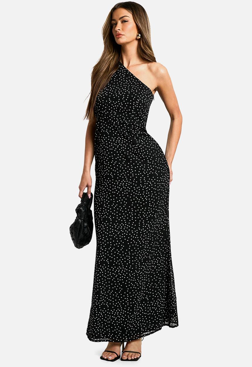 boohoo - Polka Dot Chiffon Drape Maxi Dress - Black