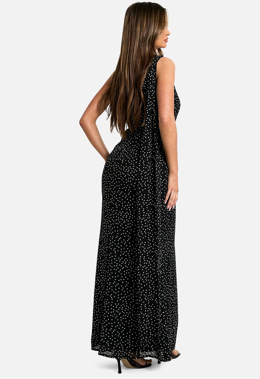 boohoo - Polka Dot Chiffon Drape Maxi Dress - Black