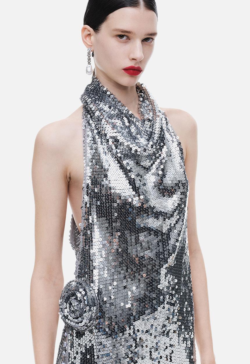 Magda Butrym H&M: Sequined rose-appliqud maxi dress - silver-coloured -  1261821001