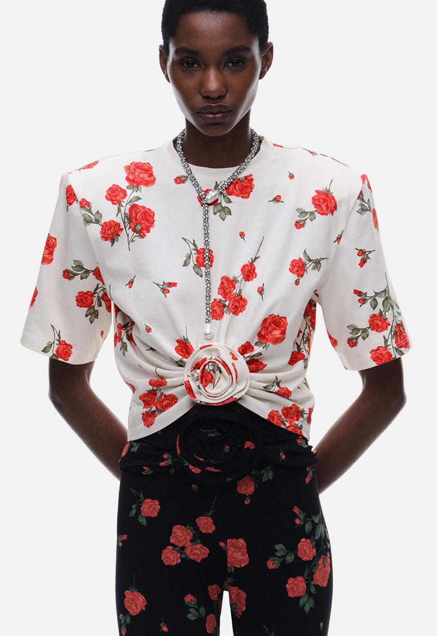 Magda Butrym H&M: Patterned rose-appliqué t-shirt - cream/roses
