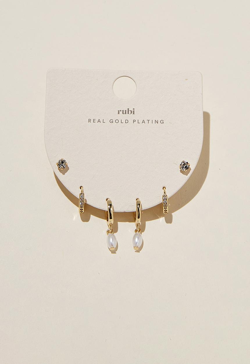 Rubi - 3 pack small earring- gold plated fine pearl diamante