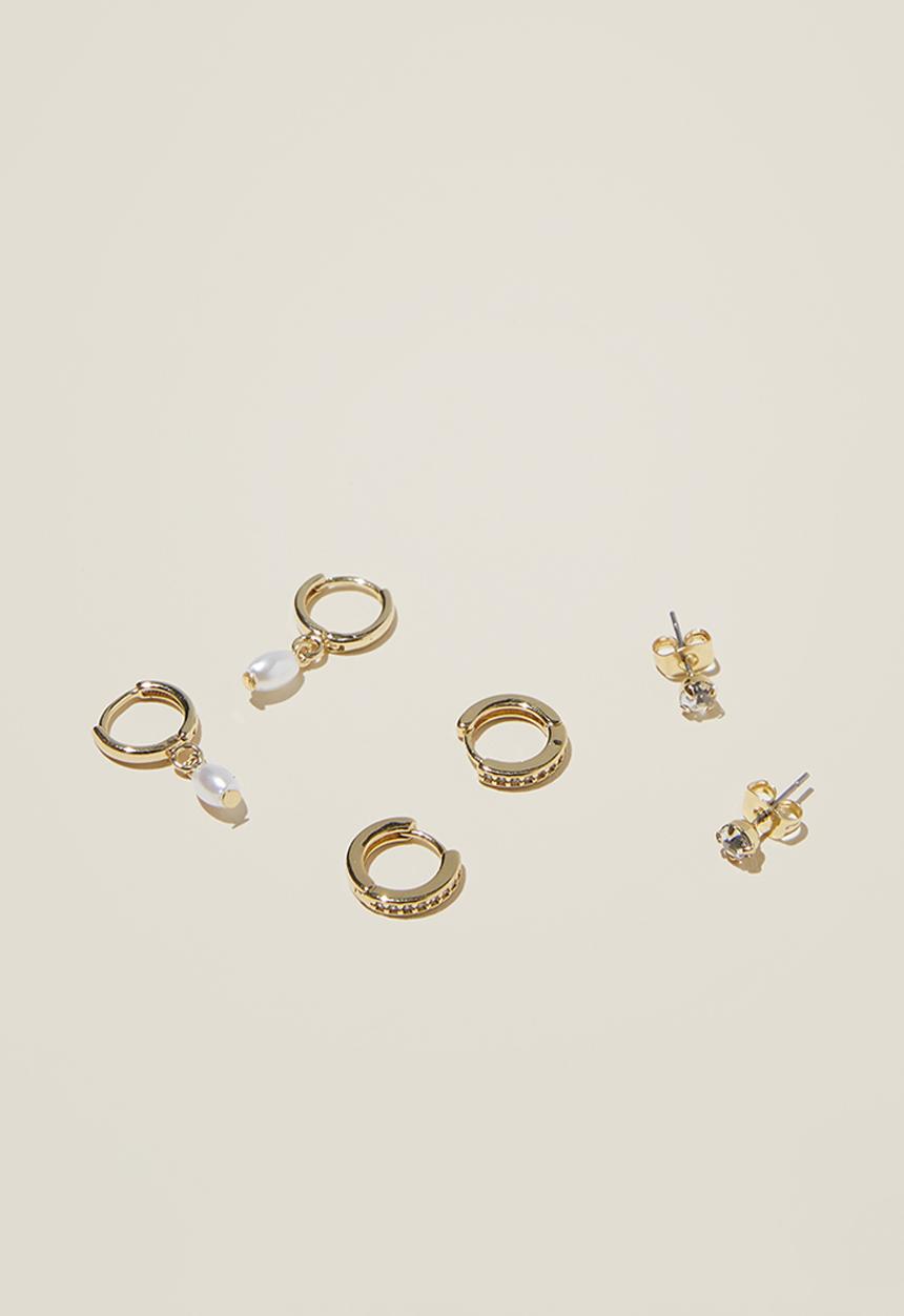Rubi - 3 pack small earring- gold plated fine pearl diamante
