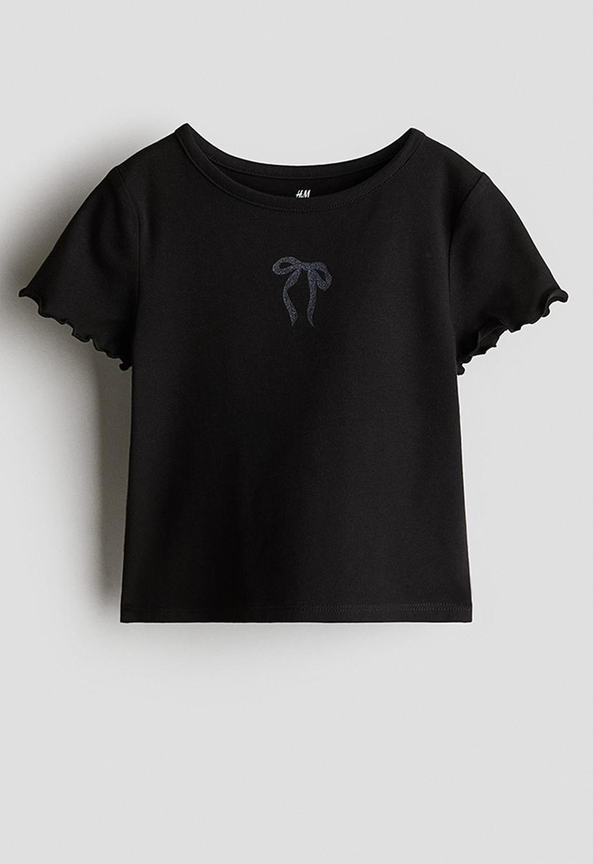 H&M - Overlock-detail cotton top - black/bow
