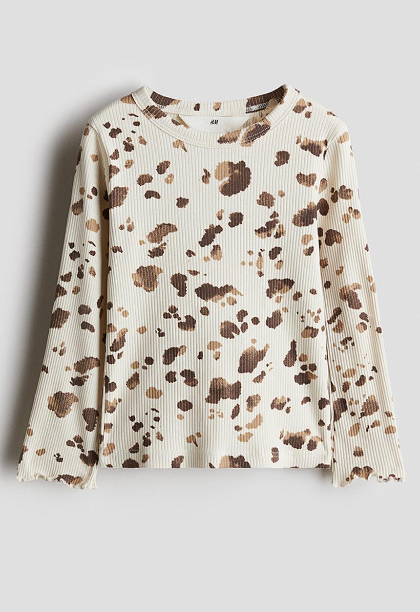 H&M - Overlock-detail cotton top - light beige & patterned