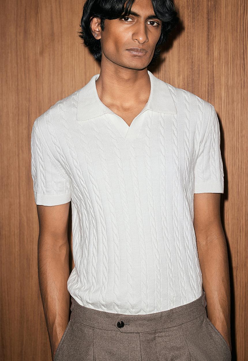 H&M - Regular fit cable-knit polo shirt - white