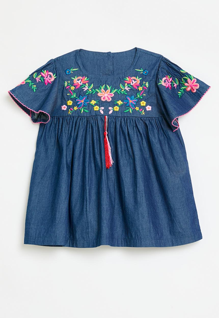 Pop Candy - Floral applique denim dress-blue