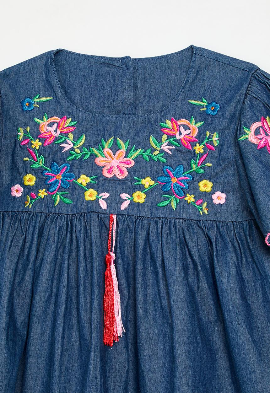 Pop Candy - Floral applique denim dress-blue