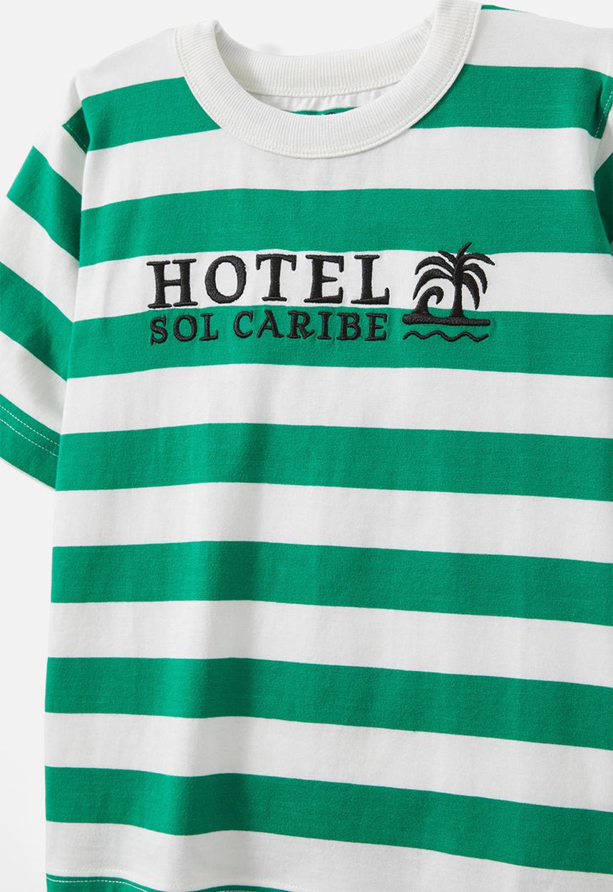 Cotton On - Jonny short sleeve graphic print tee - island green/vanilla block stripe/hotel sol