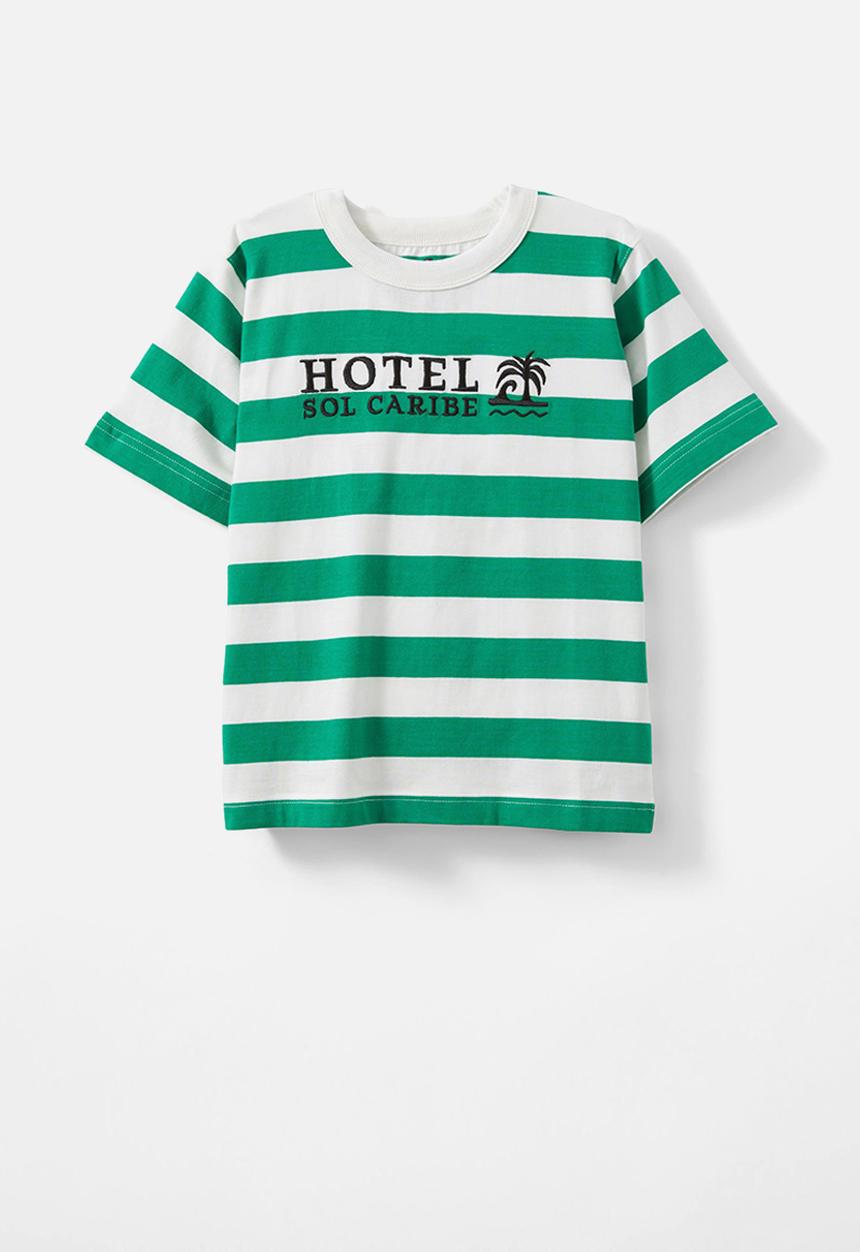 Cotton On - Jonny short sleeve graphic print tee - island green/vanilla block stripe/hotel sol