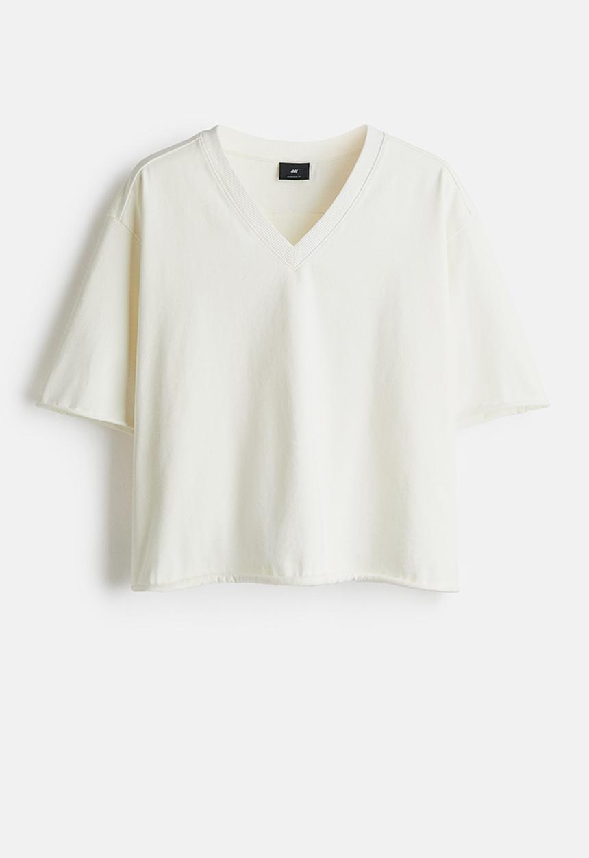 H&M - Oversized fit cropped v-neck t-shirt - white