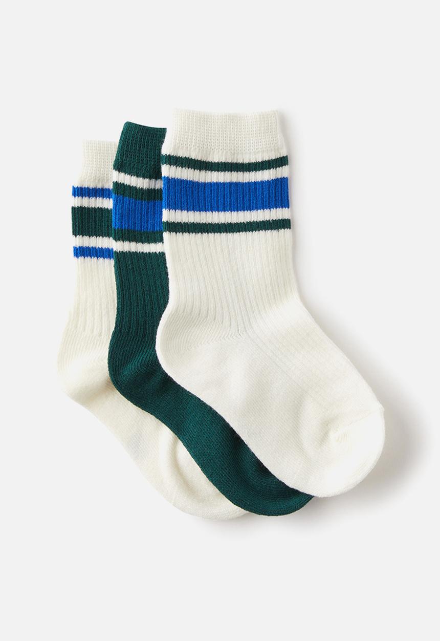 Cotton On - Kids 3 pack crew socks - varsity green/harbour blue stripes