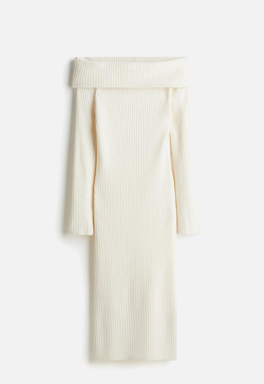 H&M - Rib-knit off-the-shoulder dress - white