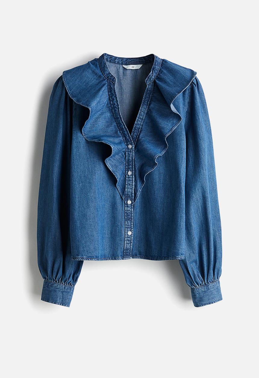 H&M - Flounce-trimmed denim blouse - denim blue
