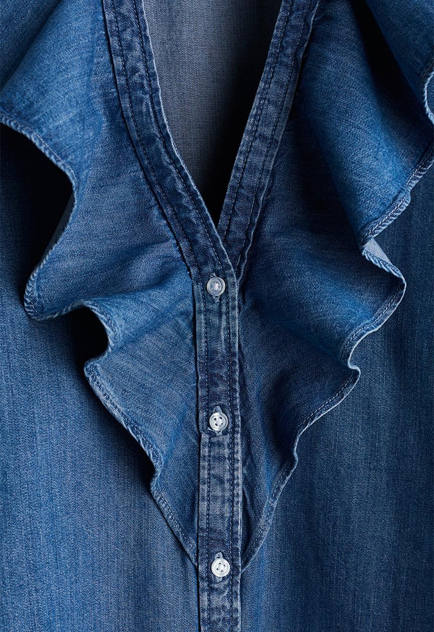 H&M - Flounce-trimmed denim blouse - denim blue
