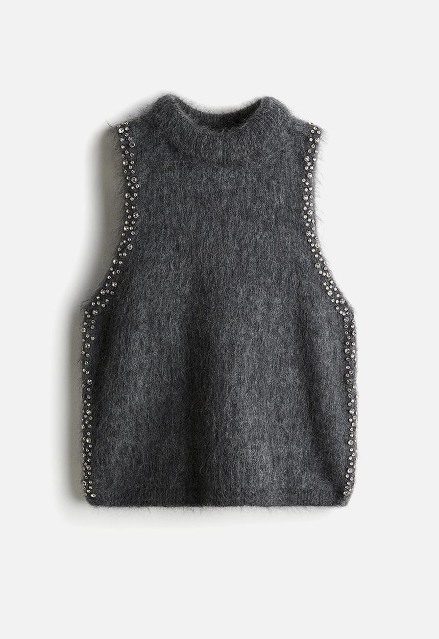 H&M - Rhinestone-embellished mohair-blend top - dark grey