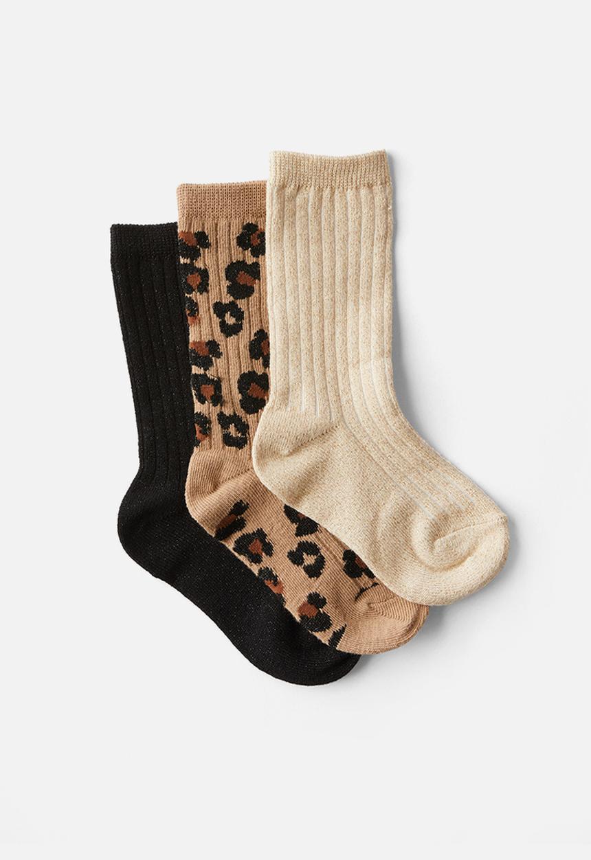 Cotton On - Kids 3 pack sparkle socks - black/leopard/gold shimmer