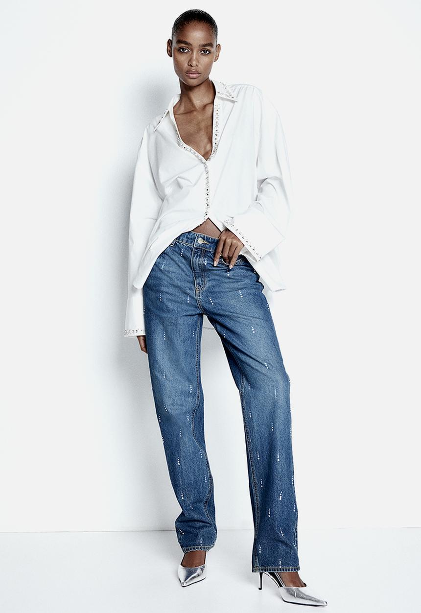 H&M - Rhinestone-embellished jeans - denim blue