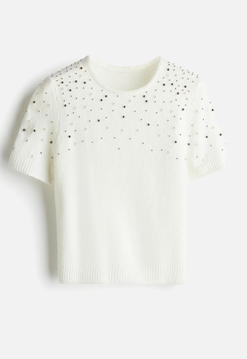 H&M - Embellished fine-knit top - cream