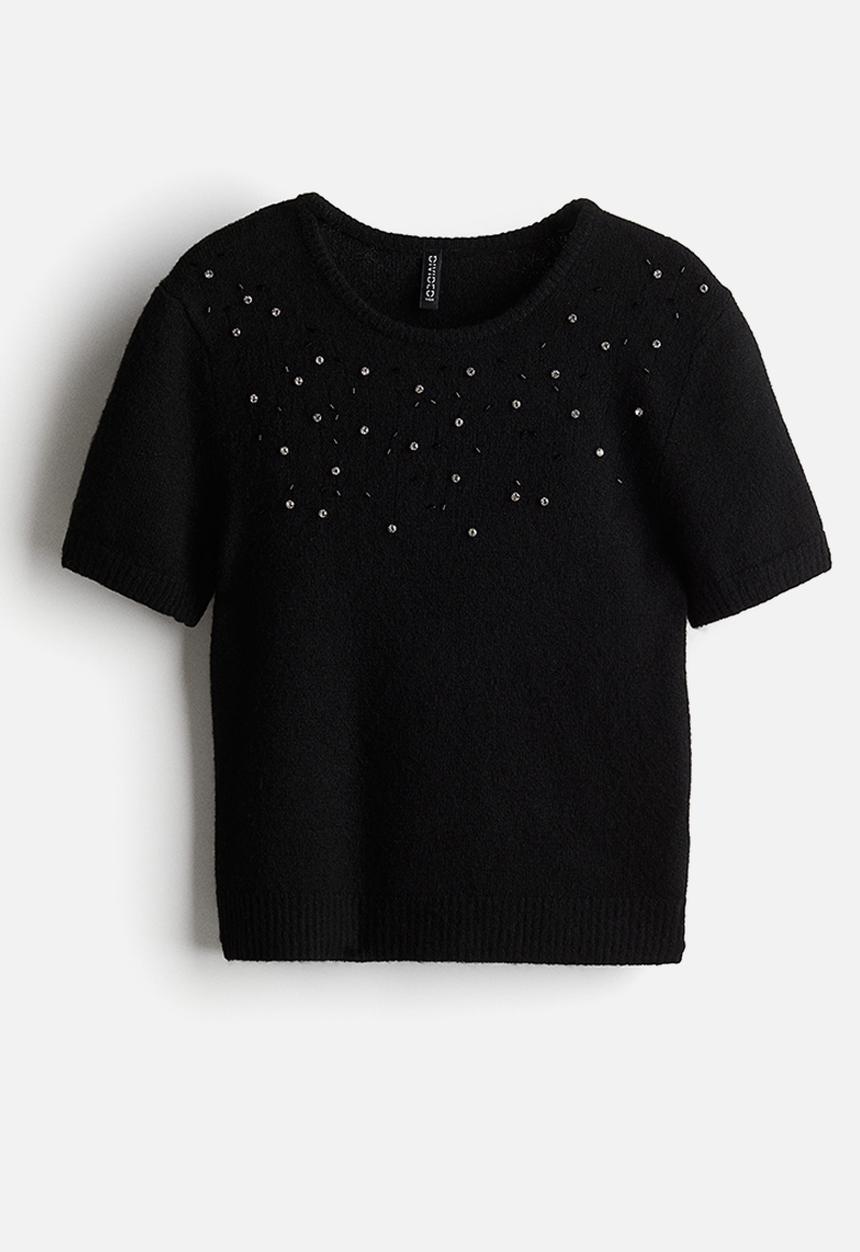 H&M - Embellished fine-knit top - black