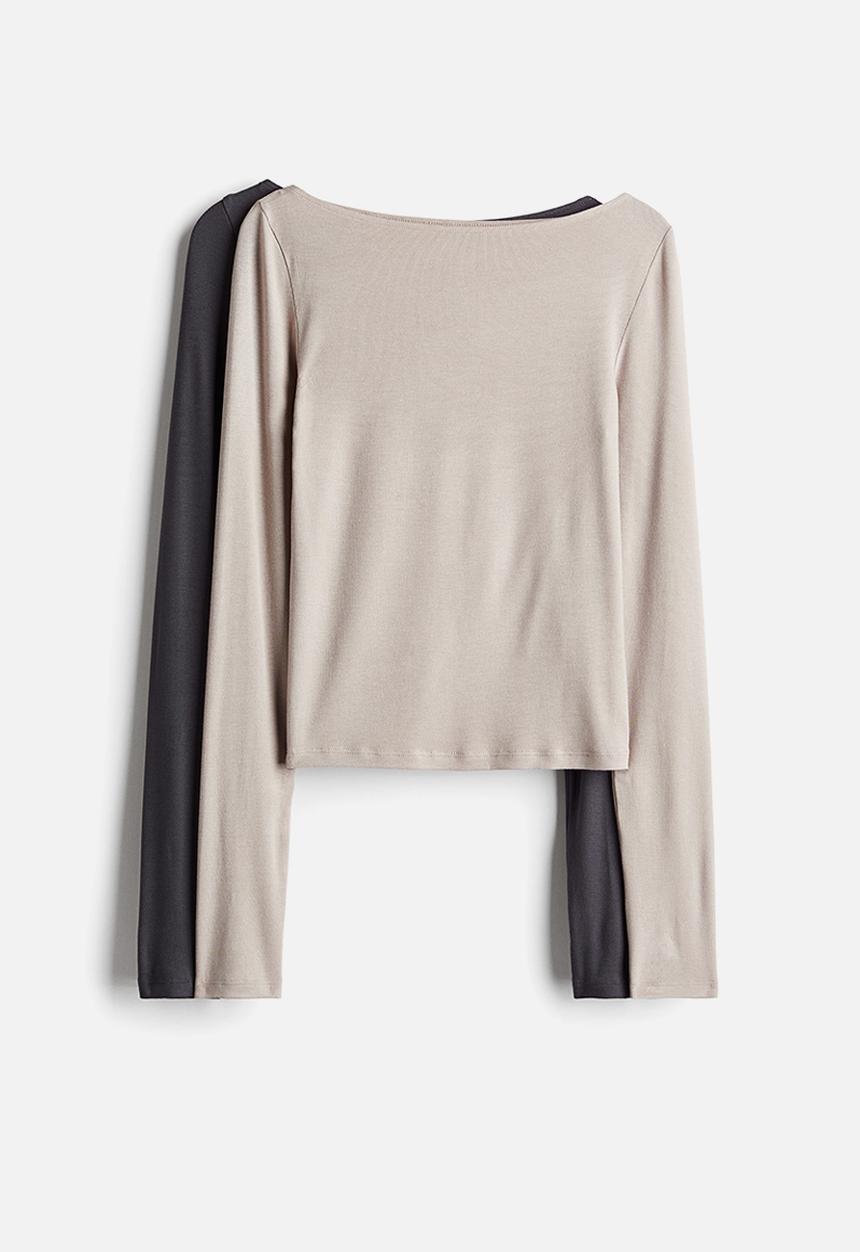 H&M - 2 pack ribbed boat-neck tops - light greige & dark grey