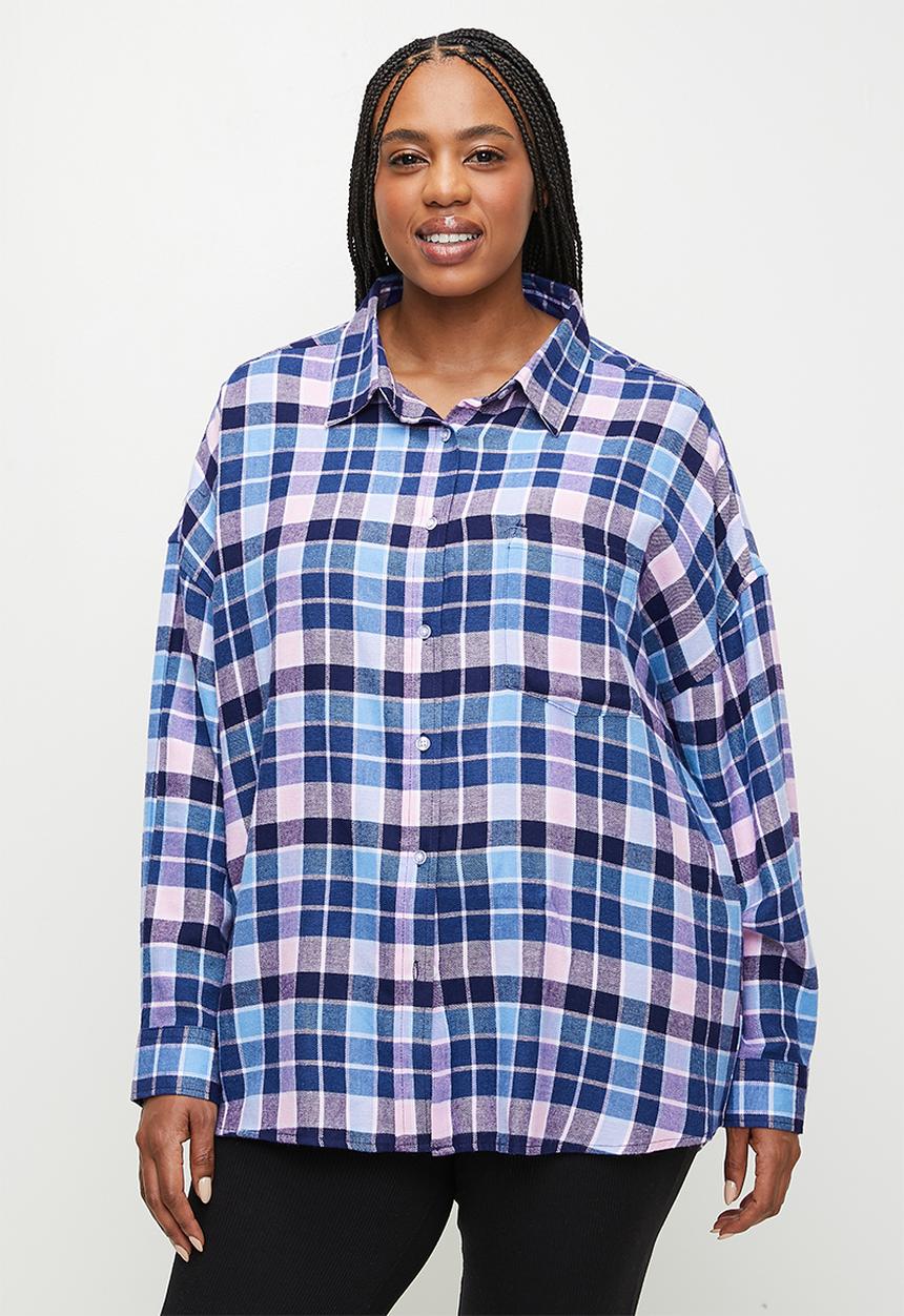 Cotton On - Plus Flannel Boyfriend Long Sleeve Shirt - Blue & Pink Thomas Check