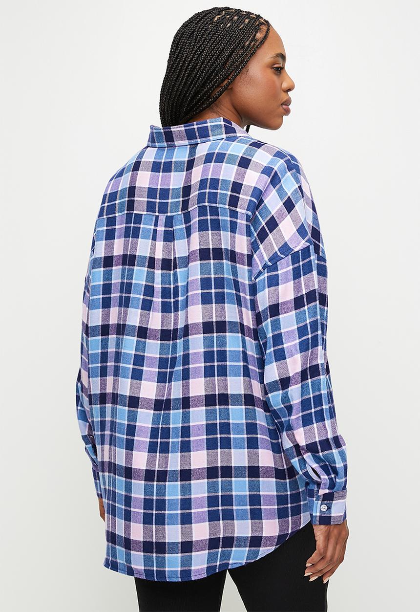 Cotton On - Plus Flannel Boyfriend Long Sleeve Shirt - Blue & Pink Thomas Check