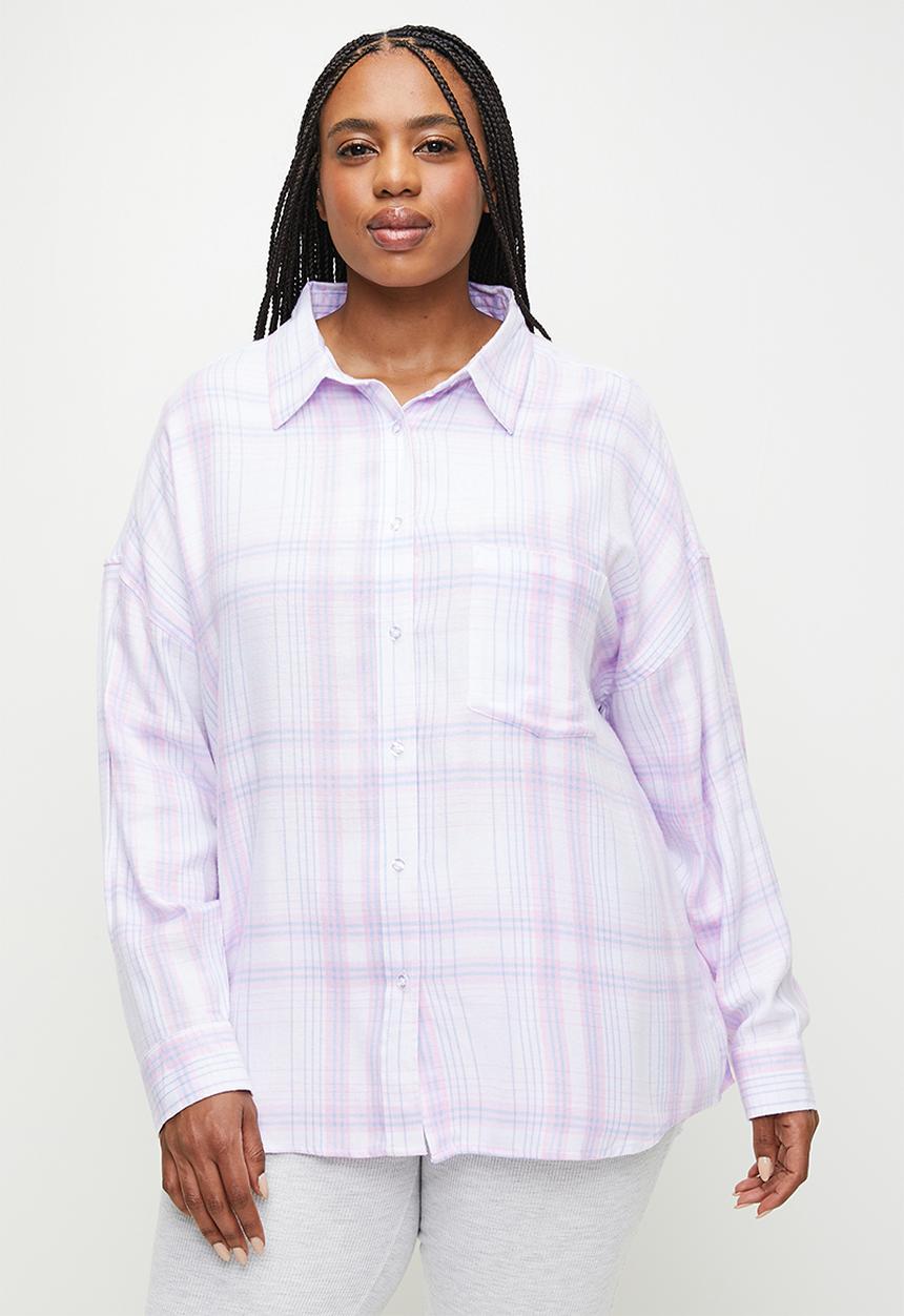 Cotton On - Plus Flannel Boyfriend Long Sleeve Shirt - Pink &  Blue Lacey Check