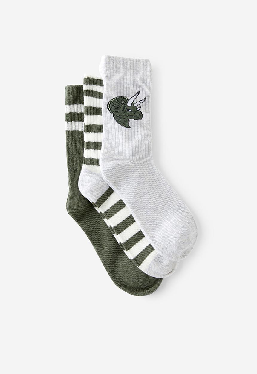 Cotton On - Kids 3pk crew socks - cloud marle/swag green stripes