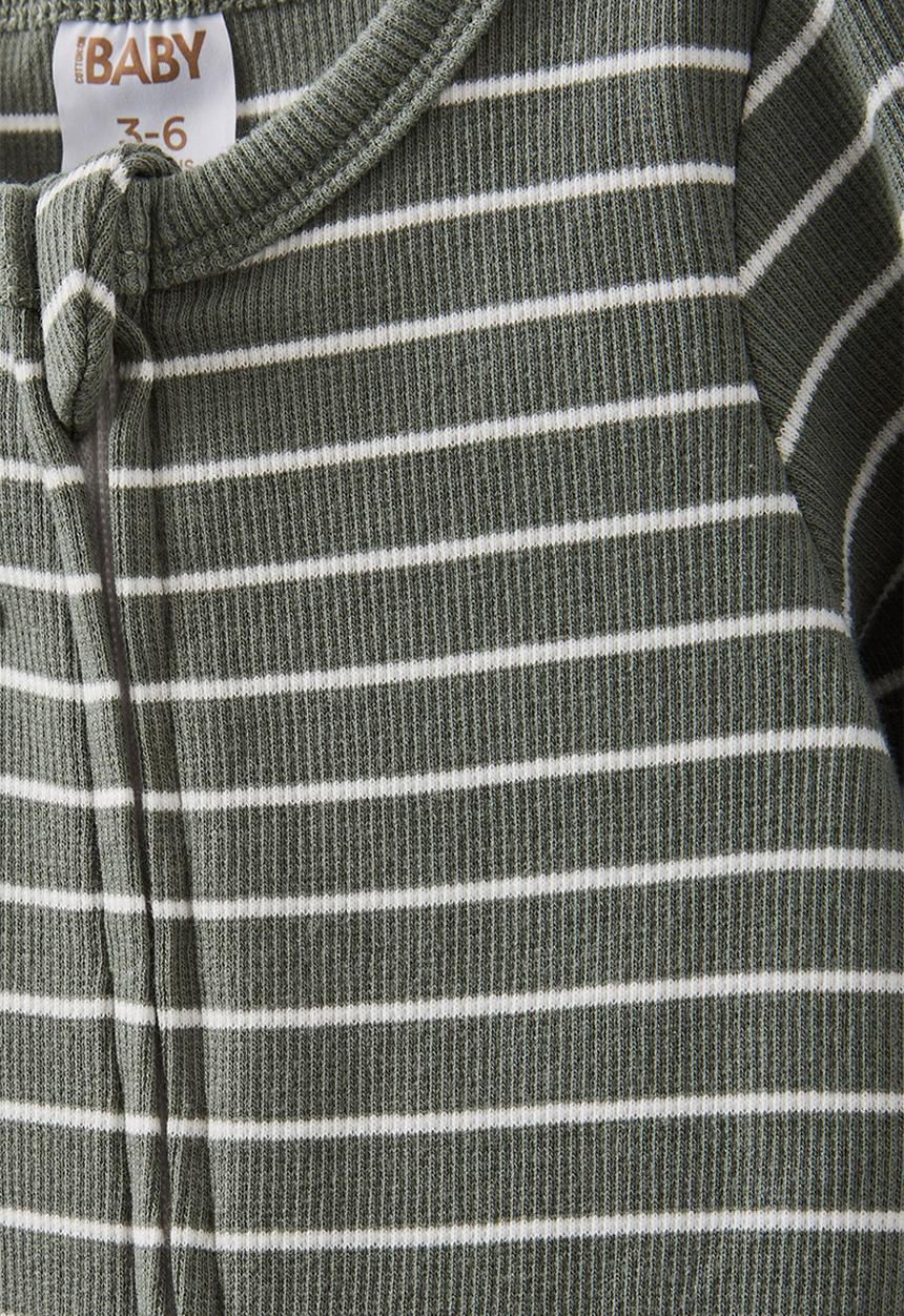 Cotton On - The long sleeve rib romper - swag green/vanilla riley stripe