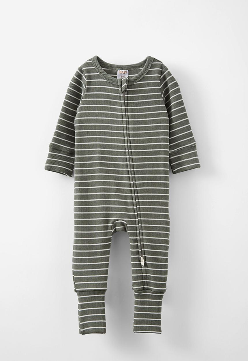 Cotton On - The long sleeve rib romper - swag green/vanilla riley stripe