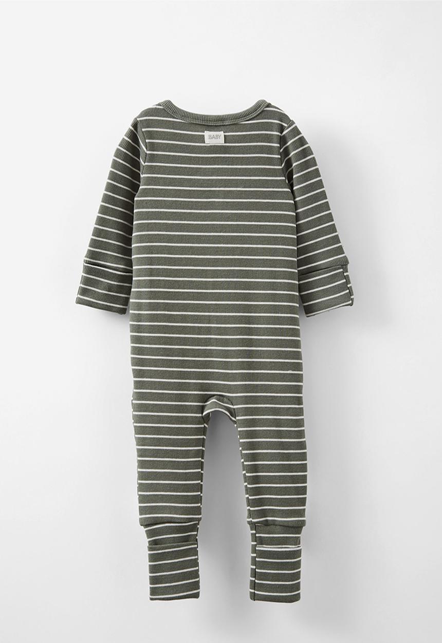 Cotton On - The long sleeve rib romper - swag green/vanilla riley stripe