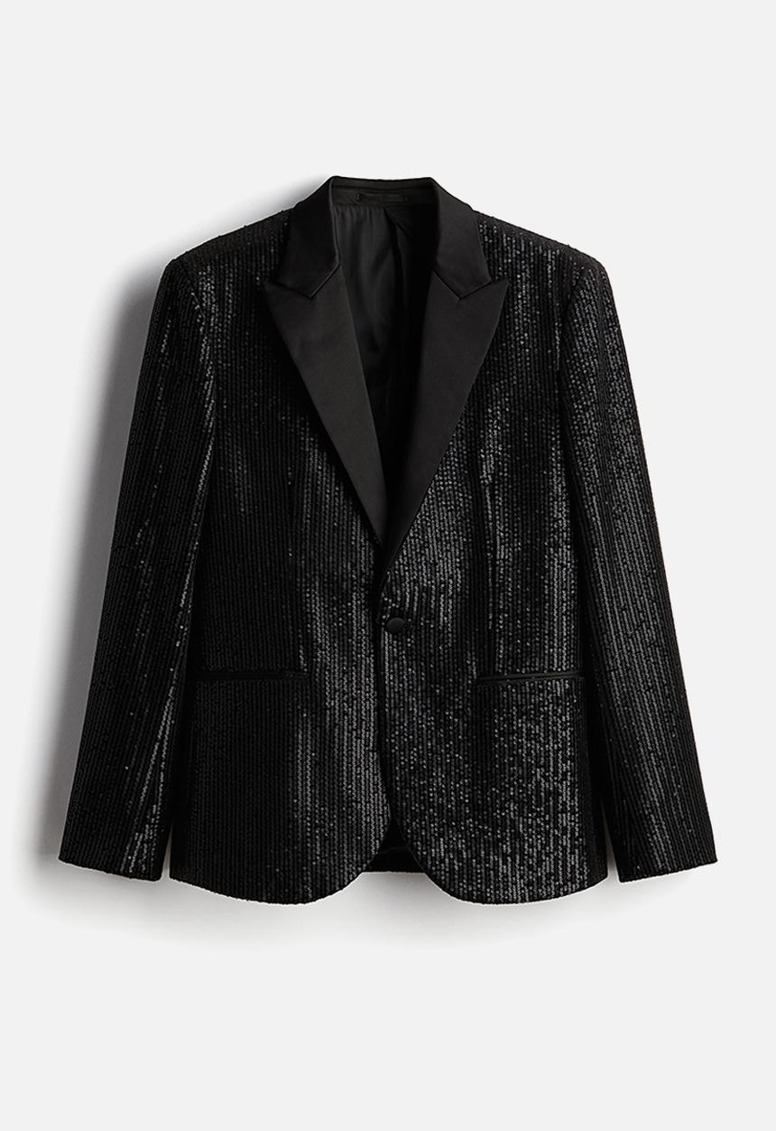H&M - Regular fit single-breasted sequined tuxedo jacket - black