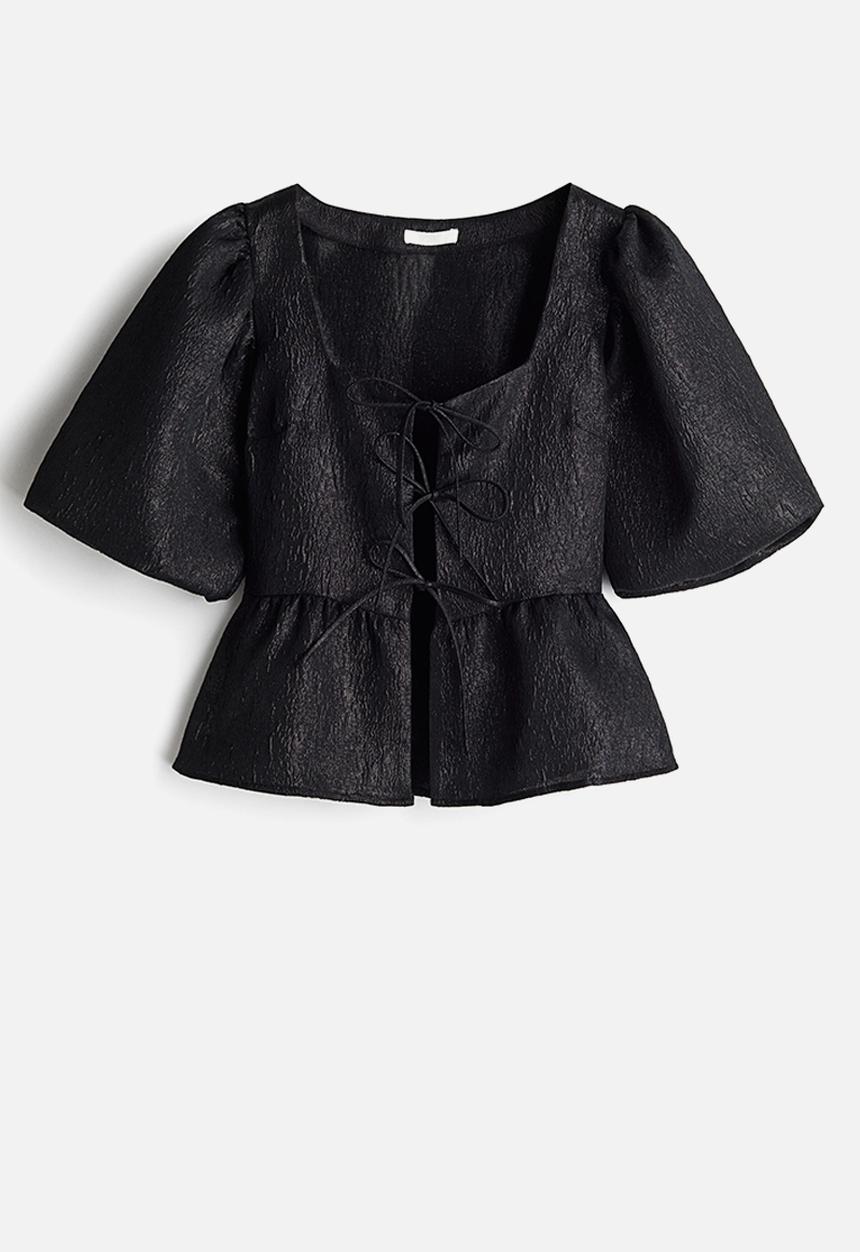 H&M - Jacquard-weave tie-front blouse - black