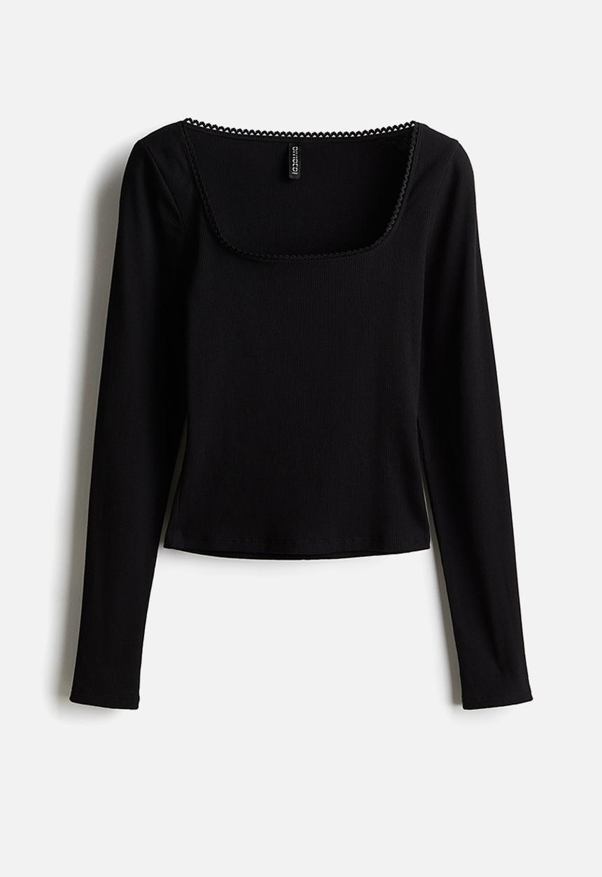 H&M - Picot-trimmed cotton top - black