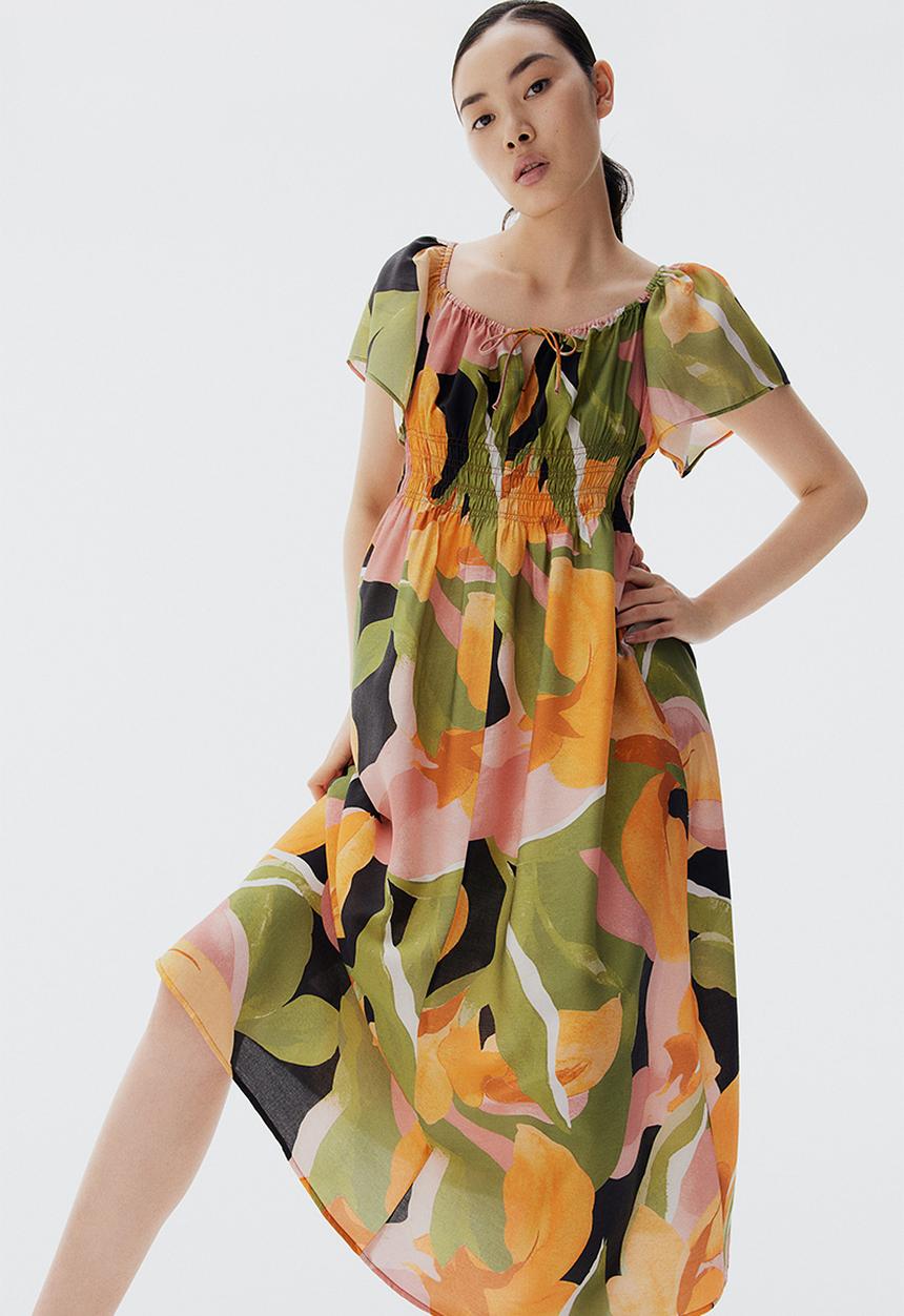 H&M - Butterfly-sleeved dress - green & patterned 