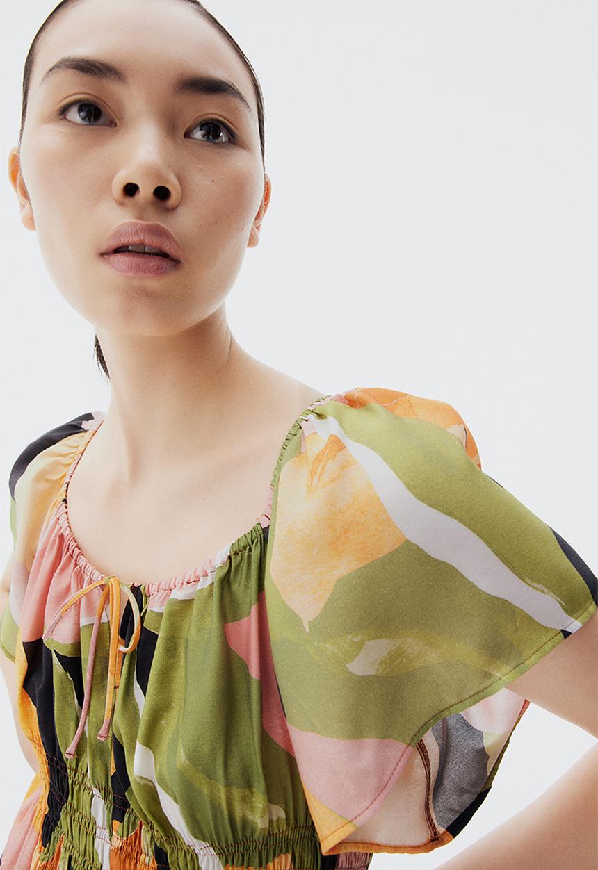 H&M - Butterfly-sleeved dress - green & patterned 