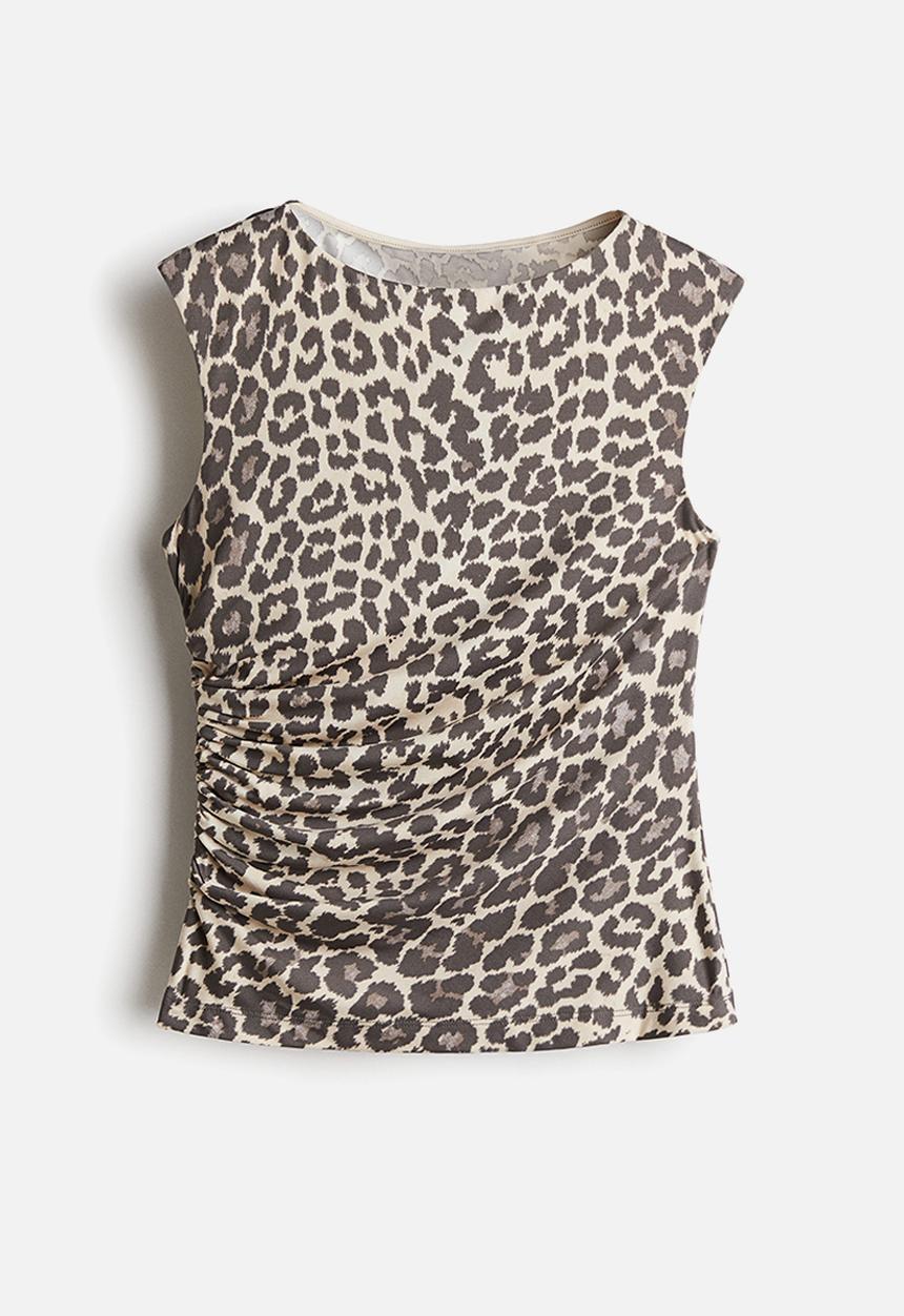 H&M - Draped jersey top - light beige & leopard print