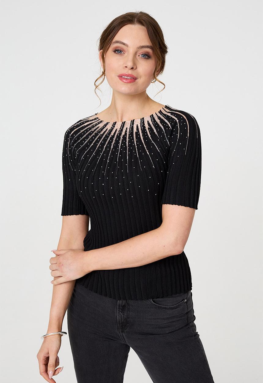 Stella Morgan - Diamante trim Ribbed Knitted Top - Black