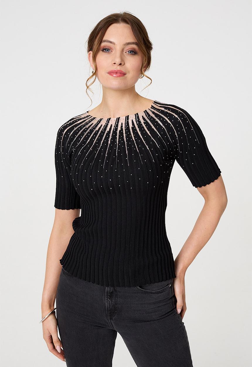 Stella Morgan - Diamante trim Ribbed Knitted Top - Black