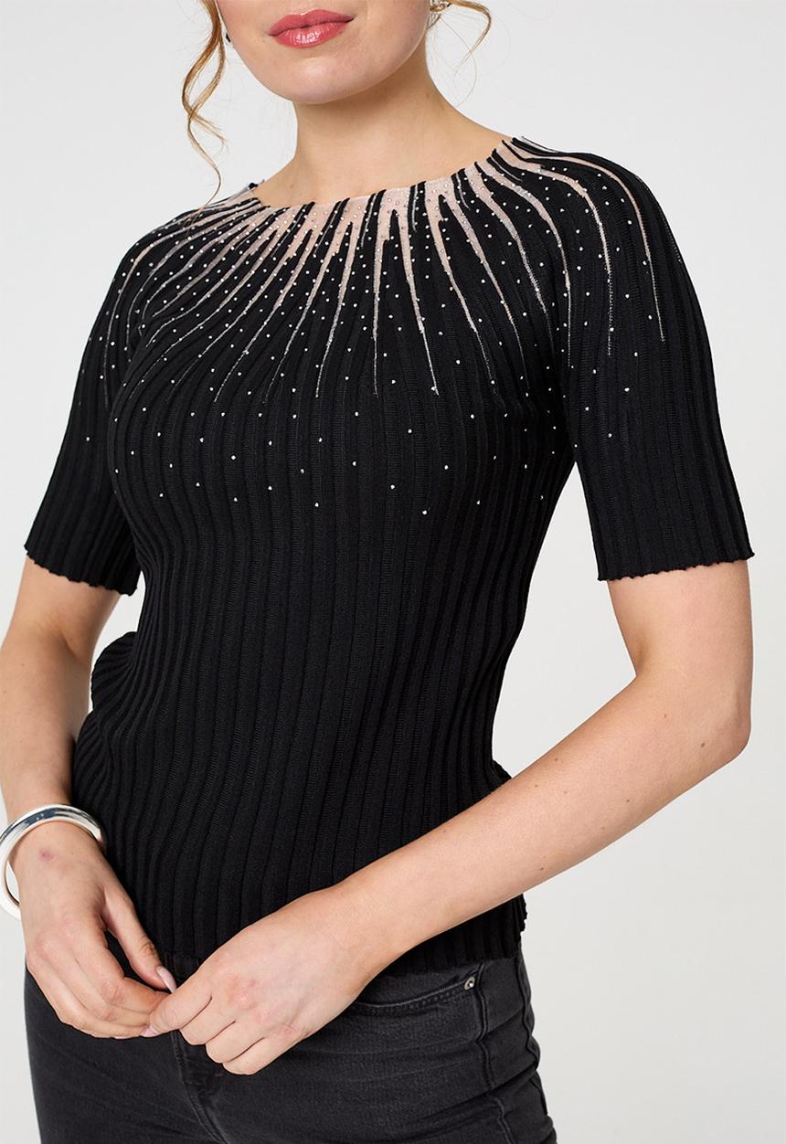 Stella Morgan - Diamante trim Ribbed Knitted Top - Black