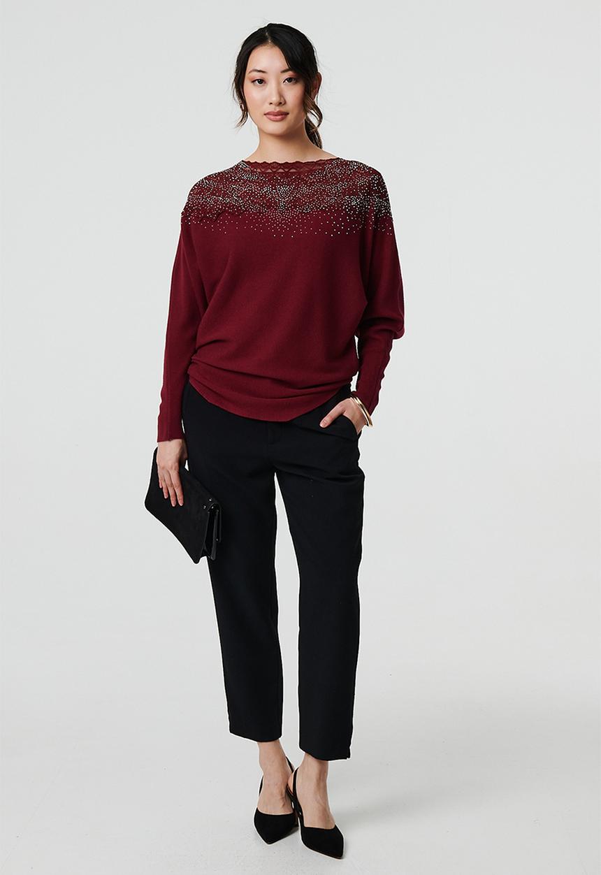 Stella Morgan - Sequinned lace knitted Sweater - Wine