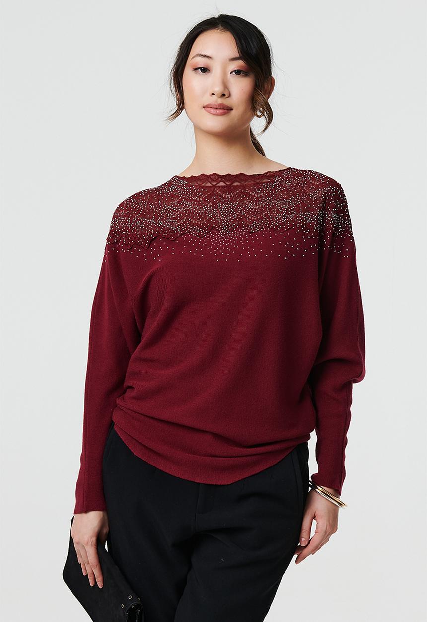 Stella Morgan - Sequinned lace knitted Sweater - Wine