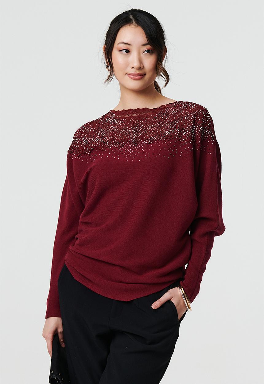 Stella Morgan - Sequinned lace knitted Sweater - Wine