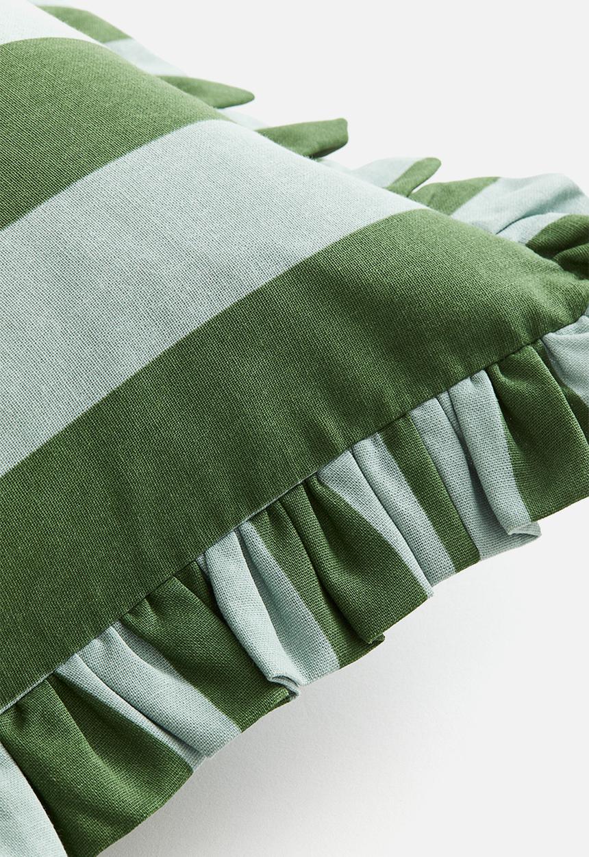 H&M - Frill-trimmed cushion cover - dark green/striped