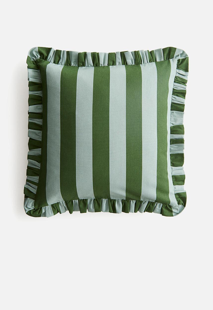 H&M - Frill-trimmed cushion cover - dark green/striped