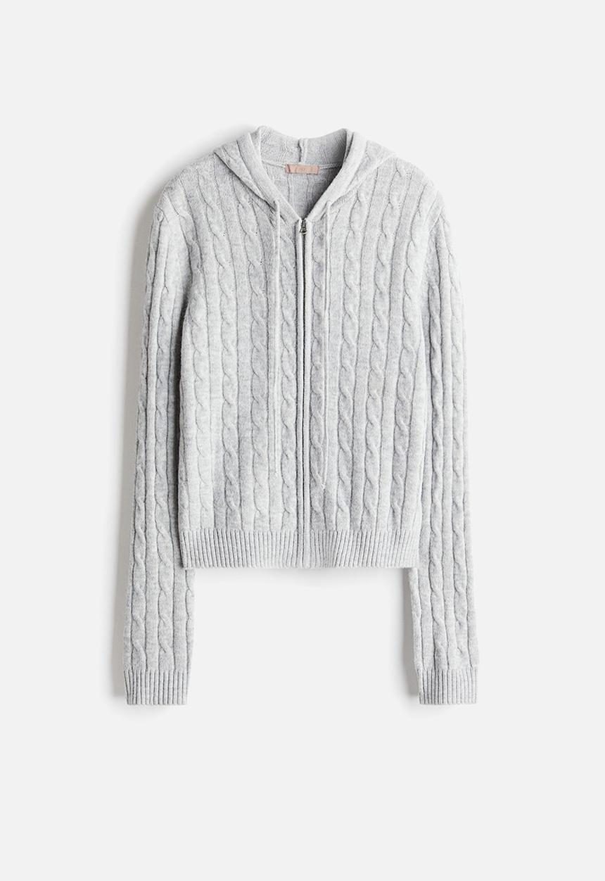 H&M - Cable-knit zip-through hoodie - light grey marl