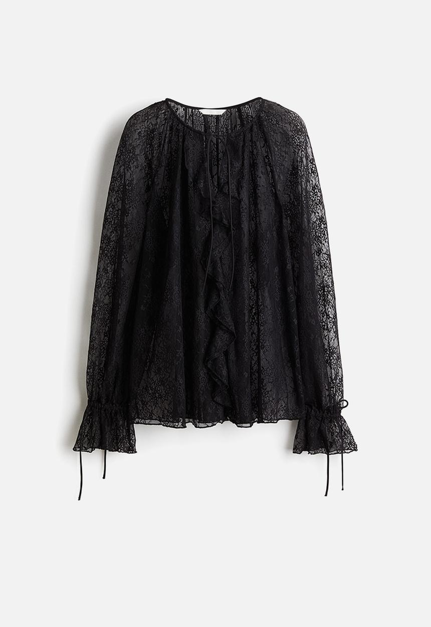 H&M - Frill-trimmed lace blouse - black